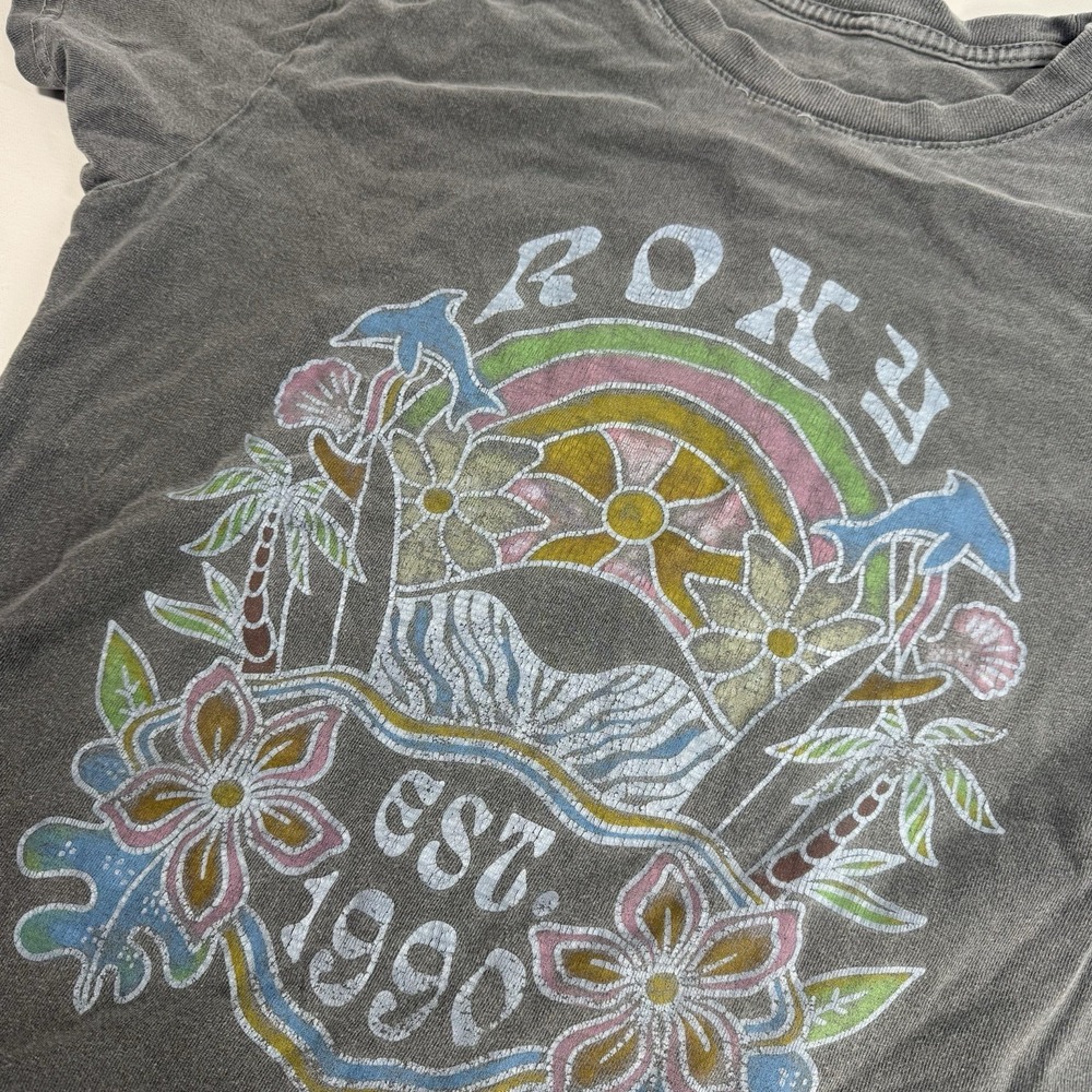 Y2K Roxy Hawaii Surf Graphic T-Shirt Women's Large Gray Faded Beach Boho Tee